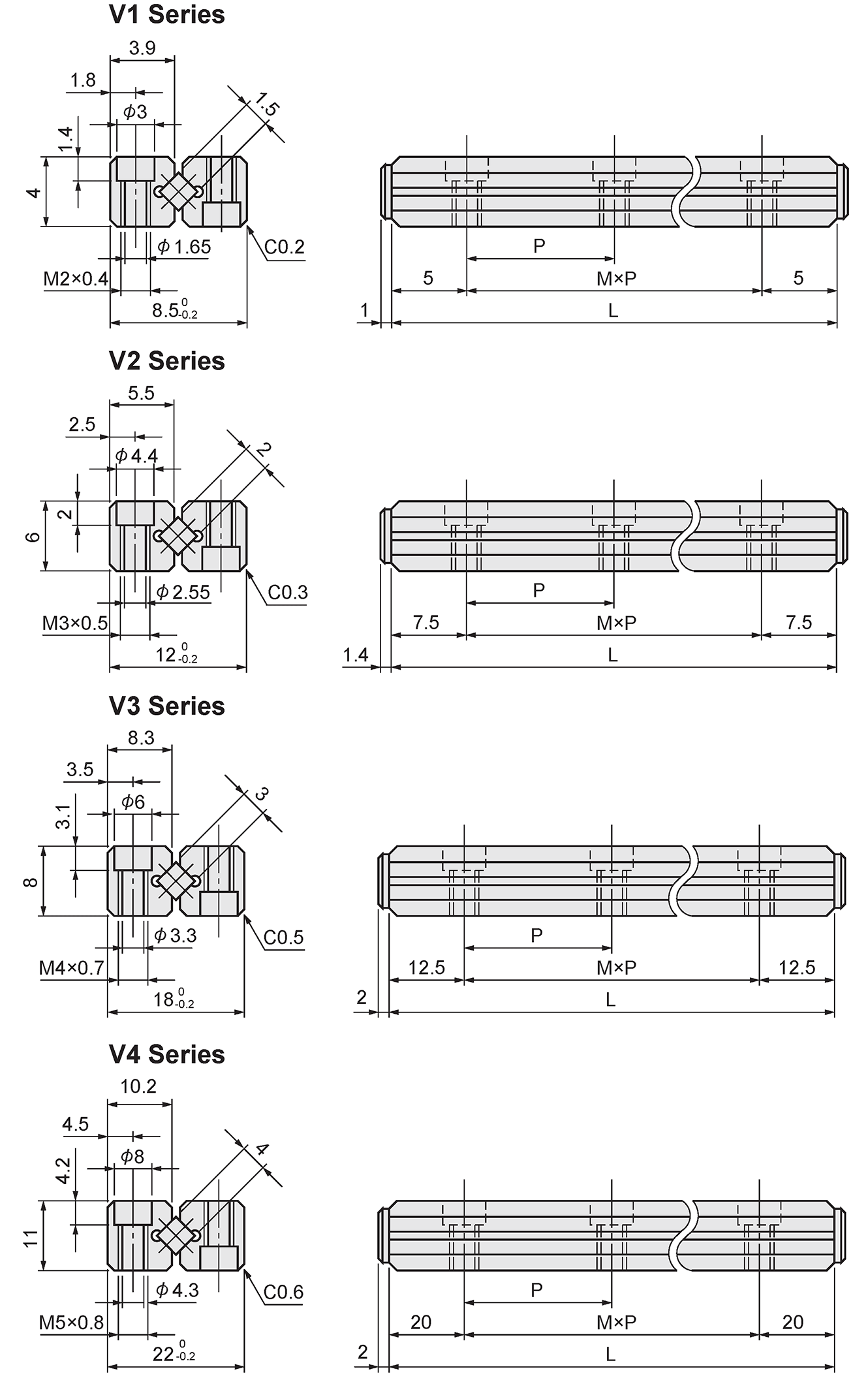 MISUMI Cross Roller Guide Roller Slide Rails 1000 Series 2000 Series 3000 Series Dimensional Drawing V1 V2 V3