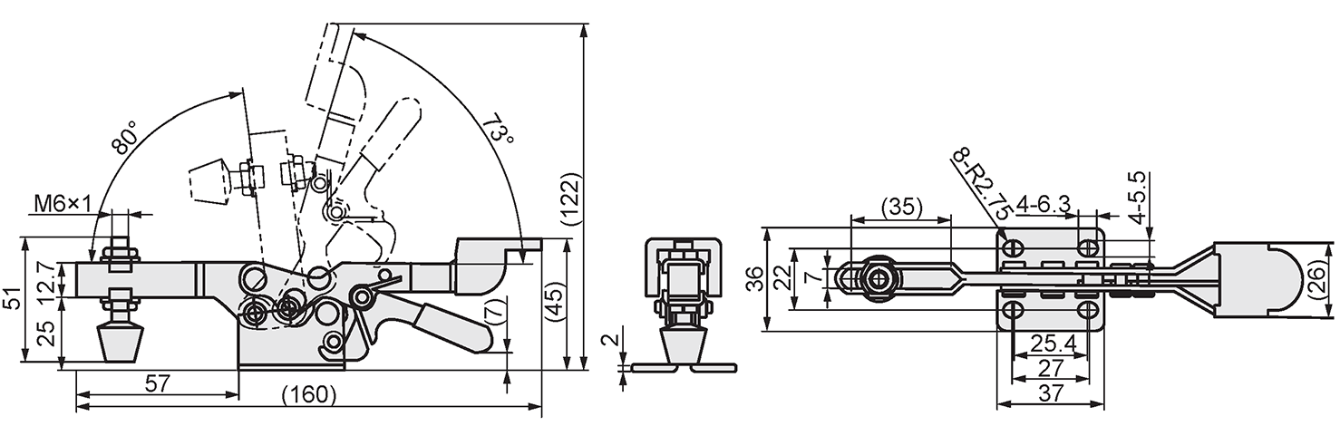 (Economy Series) Bottom Fixed Closing Pressure of Horizontal Toggle Clamp 264N Dimensional Drawing