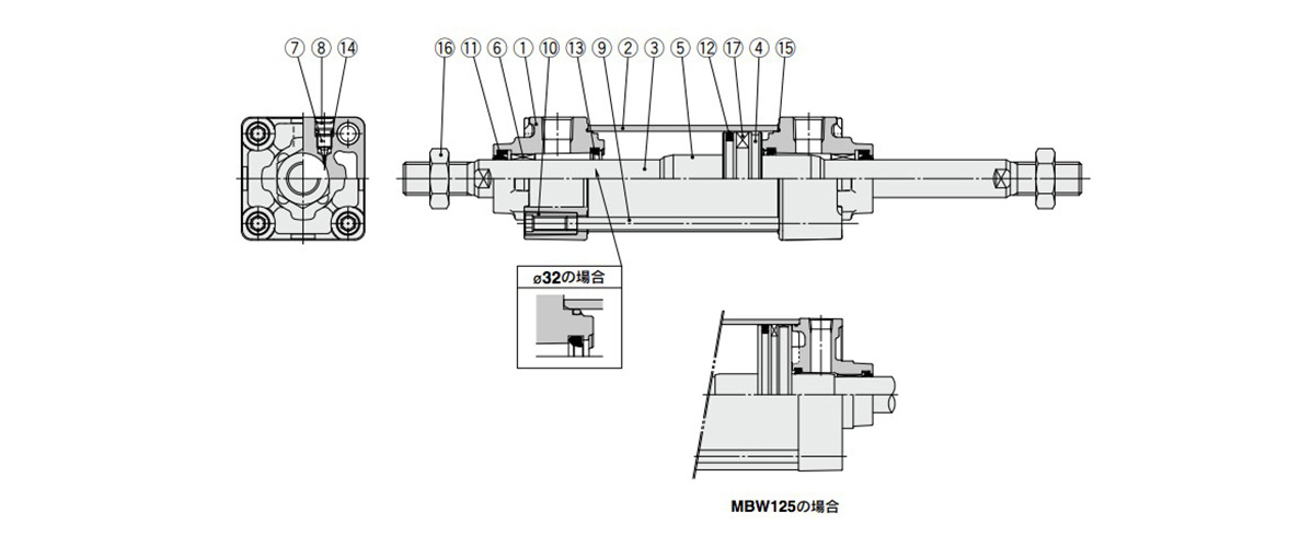 Air Cylinder, Standard Type, Double Acting, Double Rod MBW Series diagram
