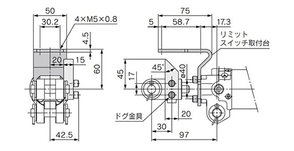 Dimensional drawing of limit switch mounting base / dog bracket