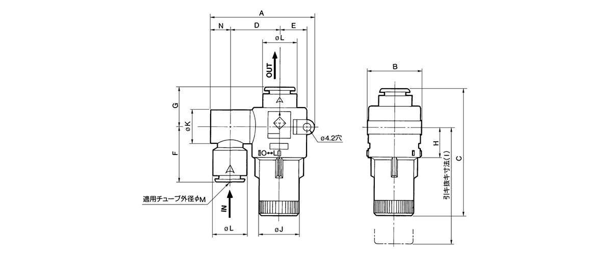 Air Suction Filter With One-Touch Fittings ZFB Series dimensional drawing