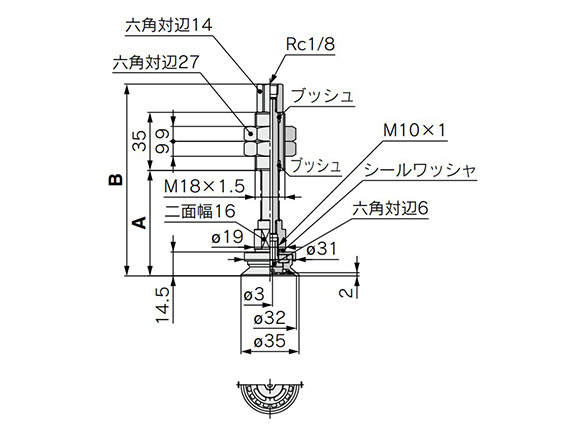 With buffer: vacuum entry port / vertical (ZP3E-T32UM□JB□) dimensional drawing