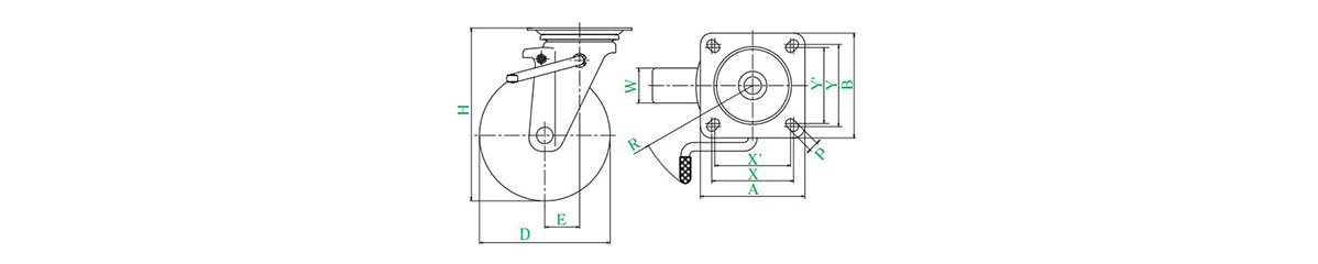 PMS-LB model swivel wheel plate type lever type (with double stopper) caster outline drawing