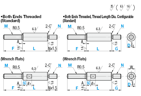 Circular Posts - Both Ends Threaded/Thread Length and Dia. Configurable, Wrench Flats:Related Image