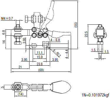 (Economic Type) Bottom Fixed Closing Pressure of Horizontal Toggle Clamp 264N (Straight Base) Dimensional Drawing