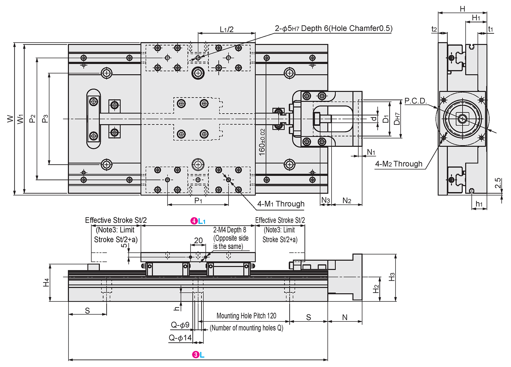 Dimensional drawing of KUA/KUH motor installation dowel hole and effective stroke