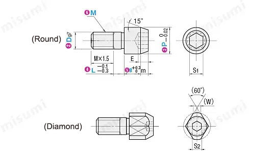 MISUMI Locating Pin Specifications and Dimensional Drawing