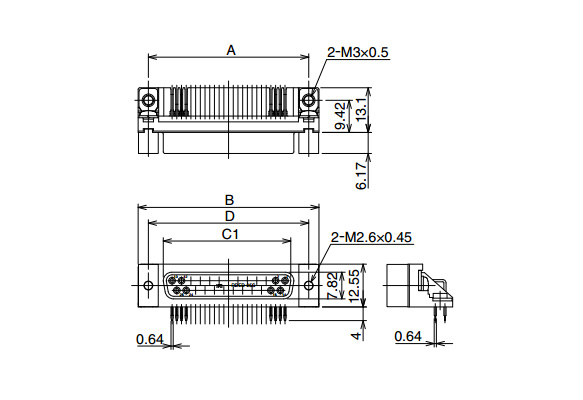 Outline drawing *Diagram shows RDBD-25S-LN(55), Rectangular mating threaded holes: M2.6 × 0.45 (for metric thread), Ground terminal (PCB mounting): M3 × 0.5