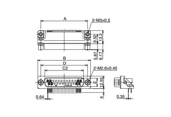 Outline drawing *Diagram shows RDBD-25P-LNA(55), Hexagonal-mating threaded holes: M2.6 × 0.45 (for metric thread), Ground terminal (PCB mounting): M3 × 0.5