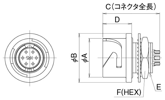 Dimensional drawing of receptacle / front panel mount type / solder type