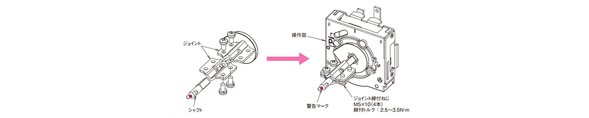 The height from the breaker installation surface to the panel door can be adjusted by equipping the adjustment unit V-AD3S to the V-type handle operation portion. Cut the adjustment unit shaft to match the height.