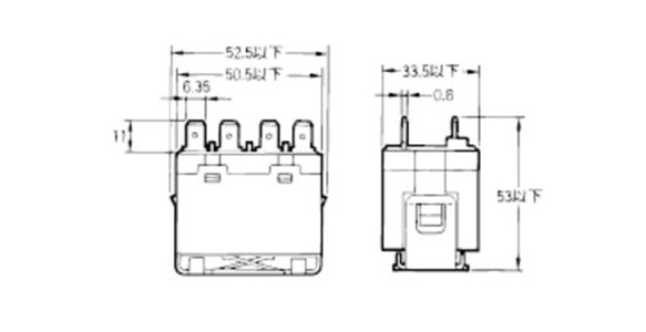 Model G7L-1A-T dimensional outline drawing (E-bracket mounting tab terminal type)