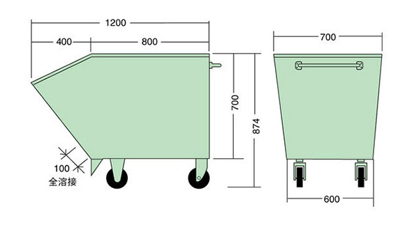 S-2 L · Length 700 × Width 1,200 × Overall height 874 mm · Caster: ø125 (diameter 125 mm), nylon urethane wheel used (2 with swivel brake, 2 fixed) · Capacity: 300 L 