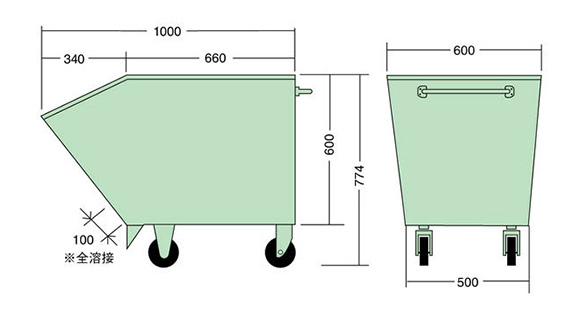 S-2M · length 600 × width 1,000 × overall height 774 mm · Caster: ø125 (diameter 125 mm), nylon urethane wheel used (2 with swivel brake, 2 fixed) · Capacity: 180 L 