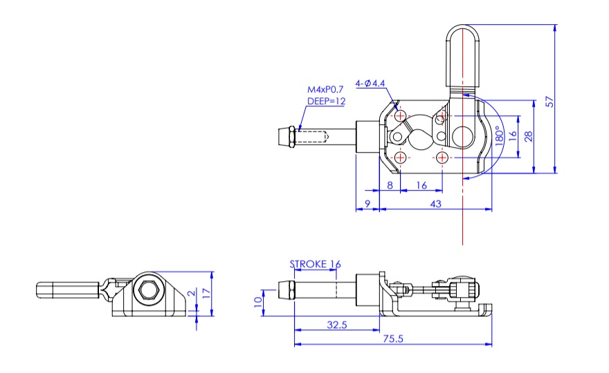 Toggle Clamp, Horizontal Push Type, Flange Base Stroke 15.9 mm, Straight Arm GH-301-CMR