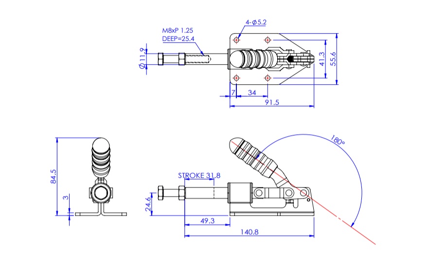 Toggle Clamp - Push-Pull - Flanged Base, Stroke 31.8 mm, Straight Handle, GH-36092M