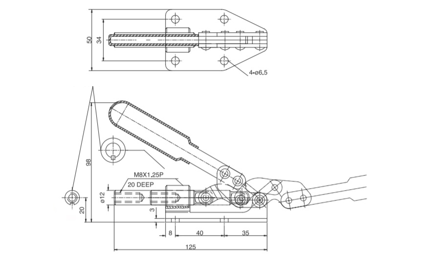 TToggle Clamp, Horizontal Push Type, Flange Base Stroke 30 mm, Straight Arm GH-36020-K