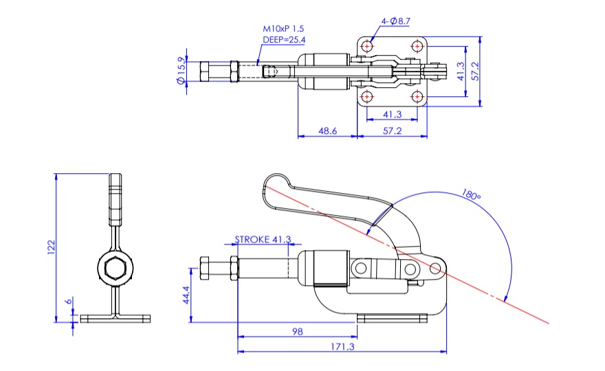 Toggle Clamp, Horizontal Push Type, Flange Base Stroke 41.3 mm, Straight Arm GH-36010M