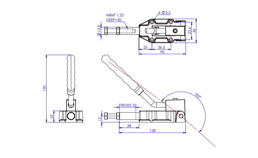 Toggle Clamp - Push-Pull - Flanged Base, Stroke 32 mm, Straight Long Handle, GH-30600HL