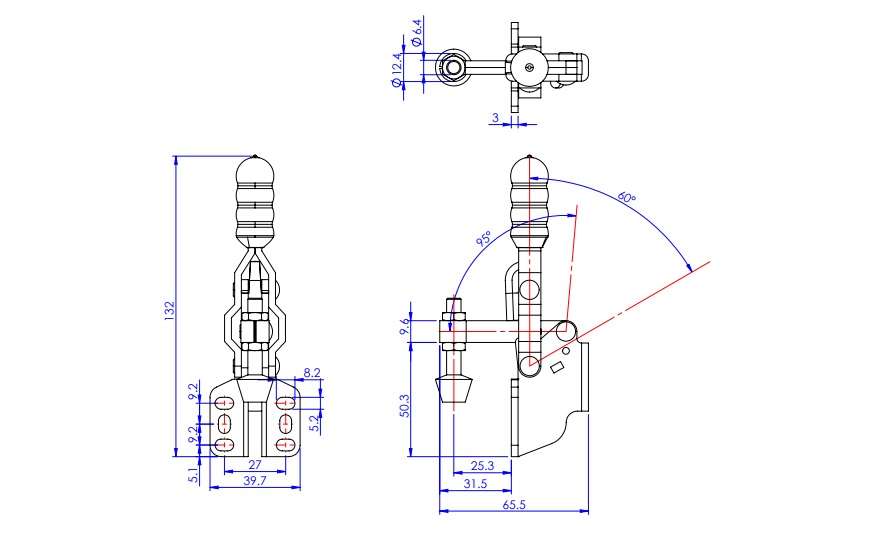 Toggle Clamp - Horizontal - Fixed Main-Axis Arm (Flanged Side Surface Base) GH-12050-SM 