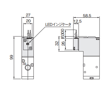 Optional solenoid with LED indicator (mm)