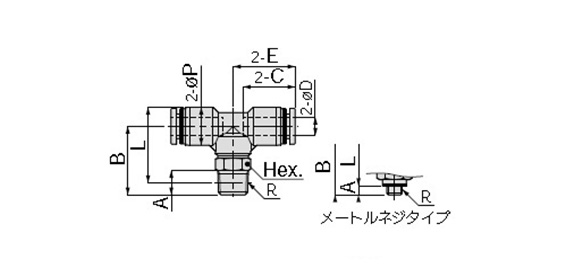 Tee: Millimeter size dimensional drawing (new design) metric thread type