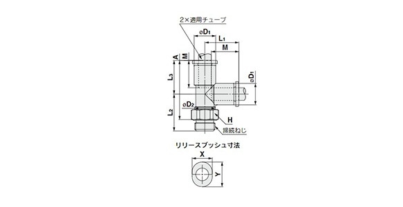 Male Run Tee: KQ2Y (Face Seal) Dimensional Outline Drawing 