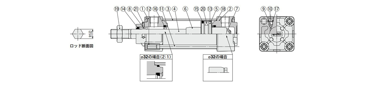 Air Cylinder, Non-Rotating Rod Type, Double Acting, Single Rod MBK Series diagram