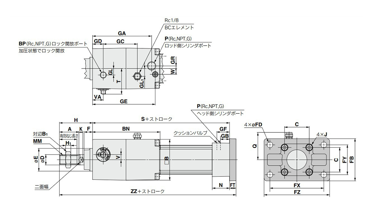 Head end flange type (G): MNBG dimensional drawing