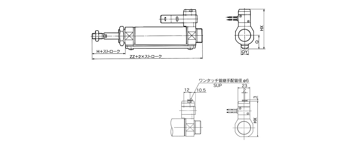 Dimensional drawings: basic type (B) single acting, spring extend / CVM3B bore size - stroke T / built-in single-action fitting