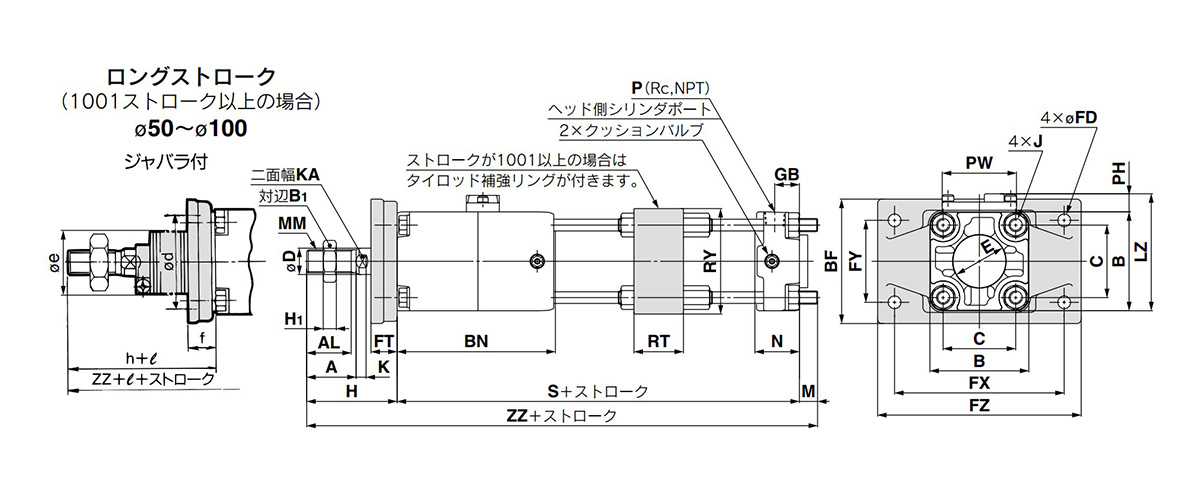 Dimensional drawings: rod flange / CLA2F (long stroke)