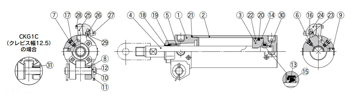 Structural drawing of CKG1 40, 50, 63 rod mounting type