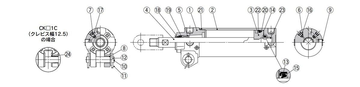 Structural drawing of CK 1 40, 50, 63, clamp mounting type