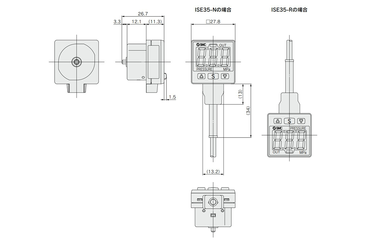 Dimensional drawing of digital pressure switch (Built-in regulator type)