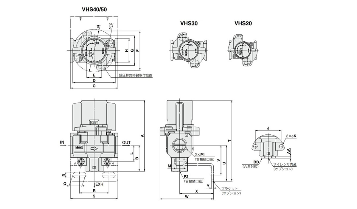 Conforming To OSHA Standard, Pressure Relief 3-Port Valve (Single Action) With Locking Holes VHS20/30/40/50 Series: dimensional drawing