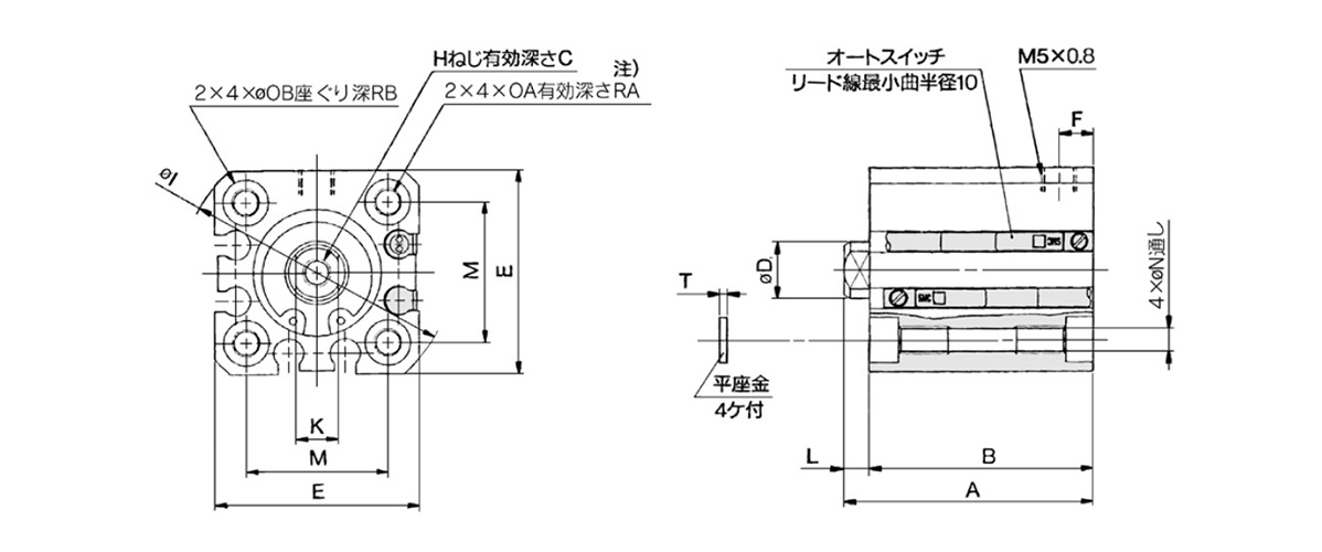 Standard type (through-hole / both ends tapped common): ø16 (16‑mm bore size) dimensional drawing