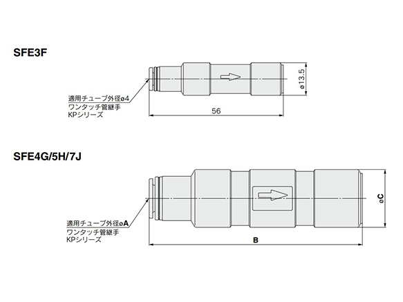 SFE3F (top), SFE4G/5H/7J (bottom) dimensional drawings