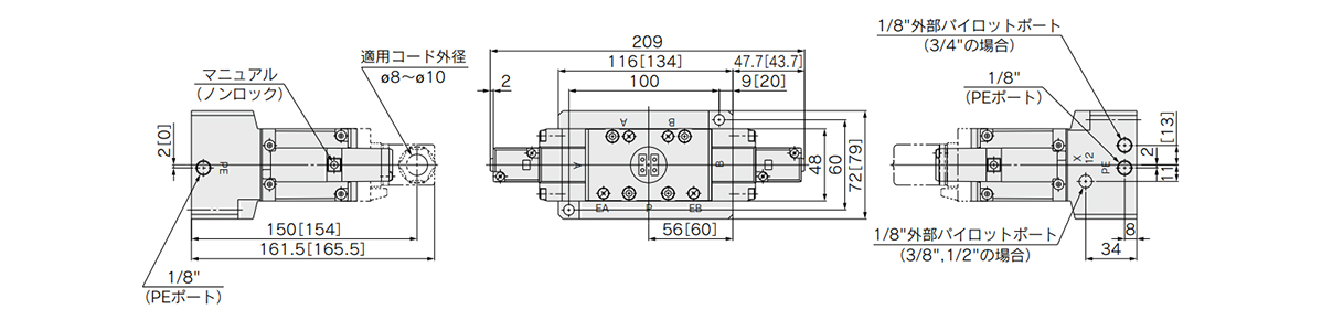 2-position double: VFR5210/1-□E, VFR5210/1-□D(Z), 3-position closed center: VFR5310/1-□E, VFR5310/1-□D(Z), 3-position exhaust center: VFR5410/1-□E, VFR5410/1-□D(Z), 3-position pressure center: VFR5510/1-□E, VFR5510/1-□D(Z) dimensional drawing