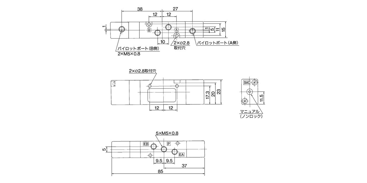 3 position closed center: VZA2321-M5 / 3 position exhaust center: VZA2421-M5 dimensional drawing