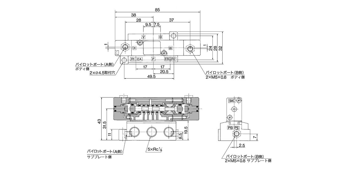 3-position exhaust center: VZA2441-1/2-01 dimensional drawing