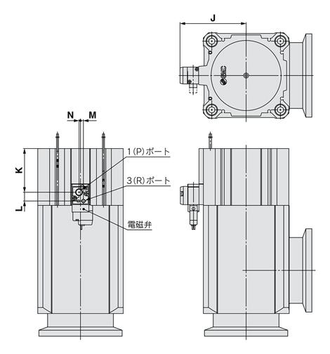 Drawing of aluminum high vacuum L-shaped valve normally-closed O-ring seal XLFV series air operated type with solenoid valve