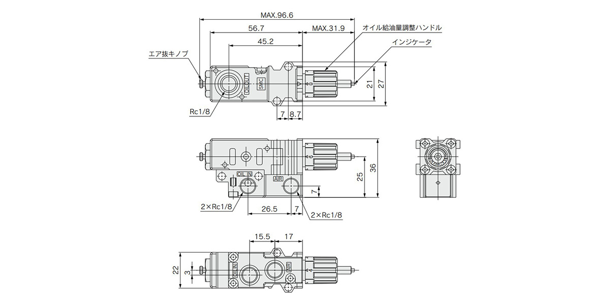 Impulse lubricator: ALIP1□00-01 dimensional drawing