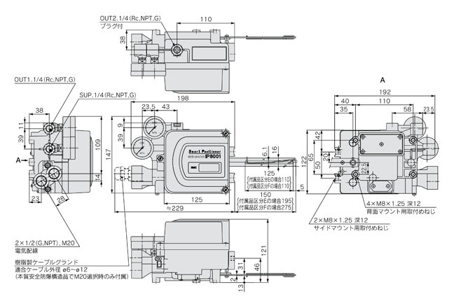Smart positioner IP8001/8101 series (lever type / rotary type), IP8001 (lever type), □-IP8001-0□2/0□4-W, drawing
