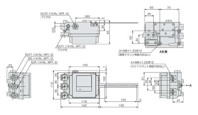 Pneumatic-pneumatic positioner IP5000/5100 series (lever type / rotary type), IP5000 type (lever type lever), drawing