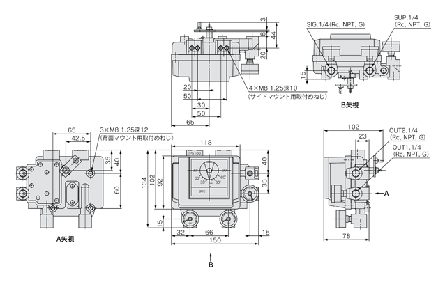 Pneumatic-pneumatic positioner IP5000/5100 series (lever type / rotary type), IP5100 type (rotary type cam), drawing