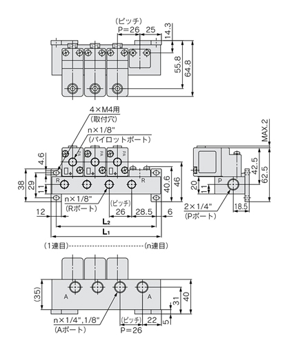 3-port air operated valve, VTA301 Series Manifold: Drawing of VVTA300-□□1