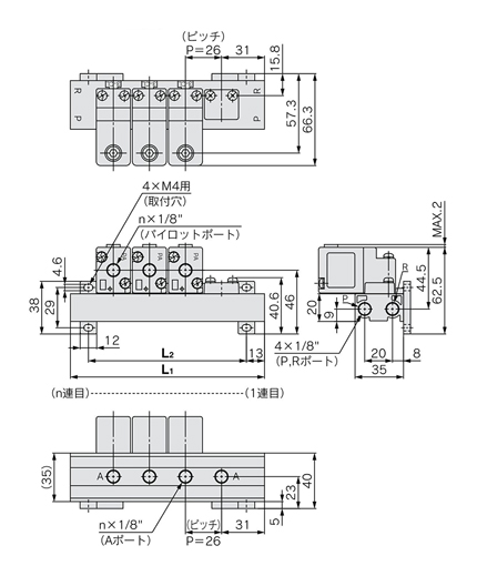 3-port air operated valve, VTA301 Series Manifold: Drawing of VVTA300-□□3