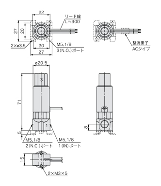 Drawing of VDW250-□G/W, Compact direct acting 3-port solenoid valve for water/air, VDW200 / 300 Series