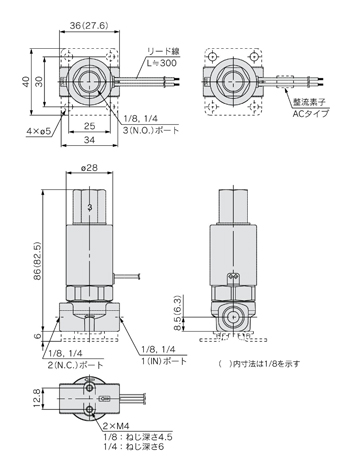 Drawing of VDW350-□G/W, Compact direct acting 3-port solenoid valve for water/air, VDW200 / 300 Series