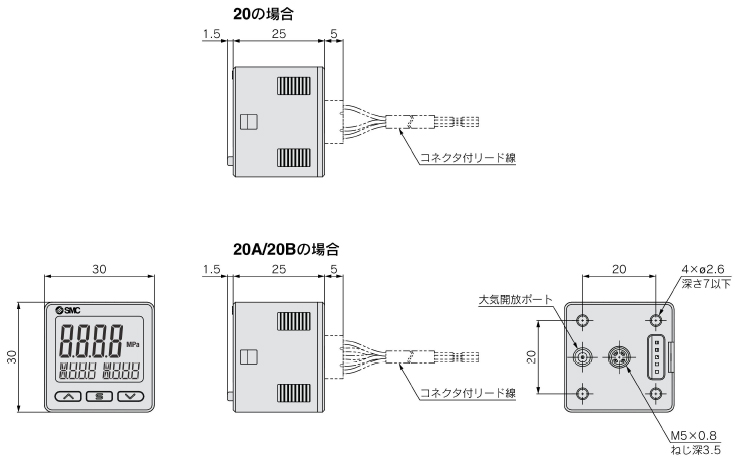 2 outputs + analog output (voltage/current) 3 screens, high-precision digital pressure switch, ZSE20A (F)/ISE20A series, M5: M5 female thread drawing